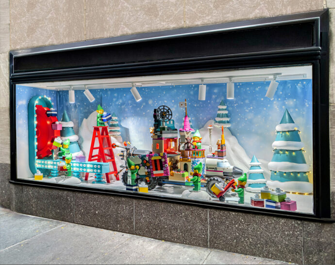 Playful elves run Assembly Theatre in LEGO Christmas window